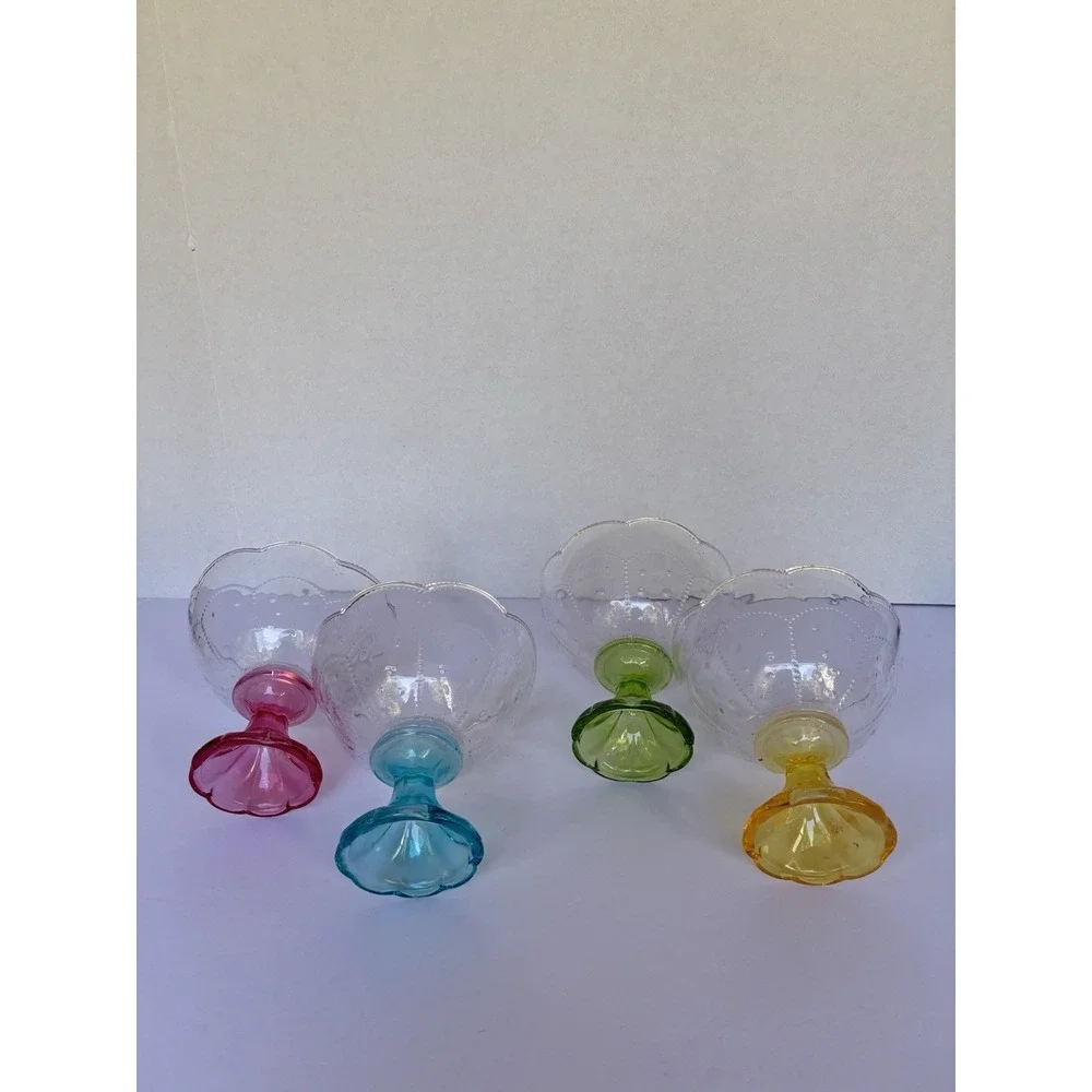 Vintage Indiana Glass Crown Kings Crown Footed Dessert Bowls Set 4 Colored Stems